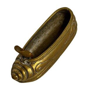 VTG MCM Solid Brass Shoe Shape Ashtray Flip Lid & Ornate Design Decorative Art